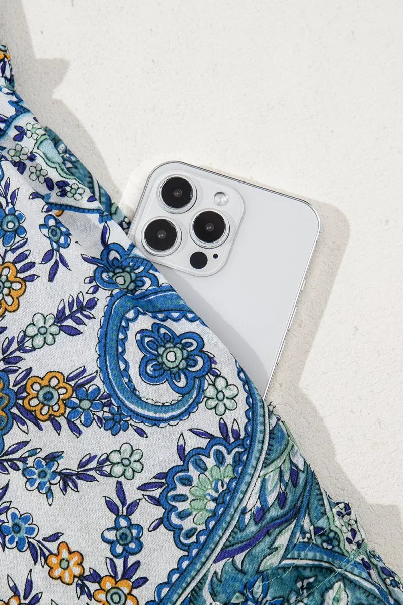 Blue Bohemian Paisley Floral V Neck Short Sleeve Mini Dress - Love Salve